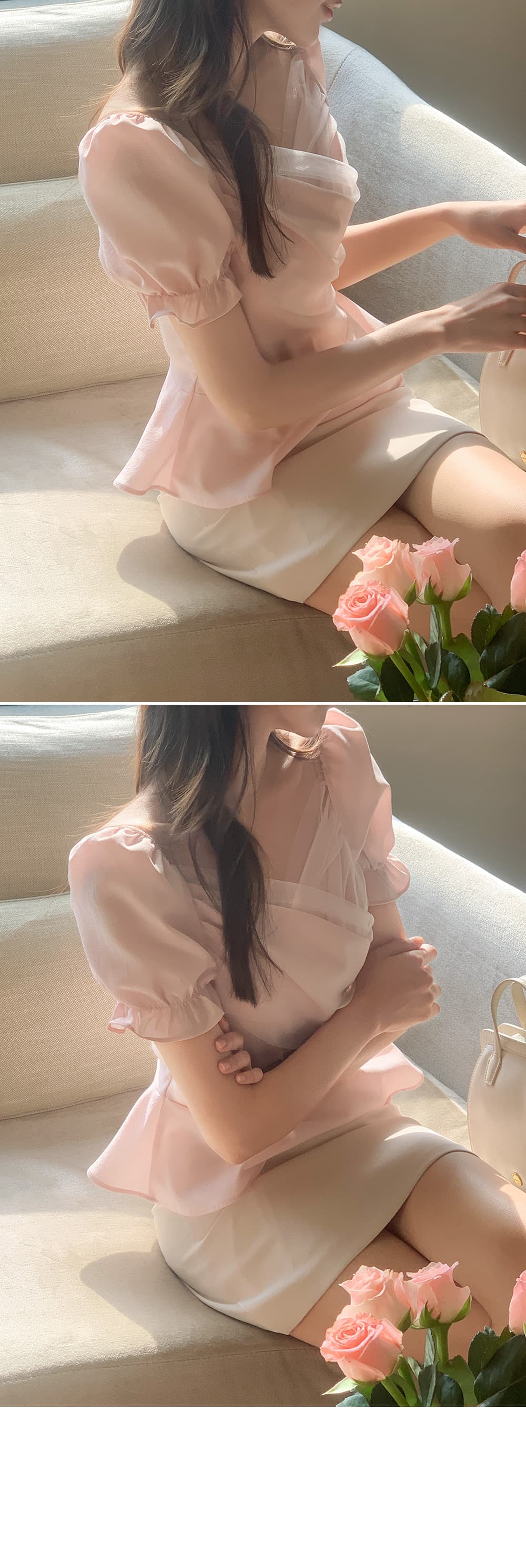 크기 있음 업데이트 한국 chic 프랑스식 망사 패치워크 오프숄더 십자가 프릴 거품 소매 맨위 상세 이미지 24