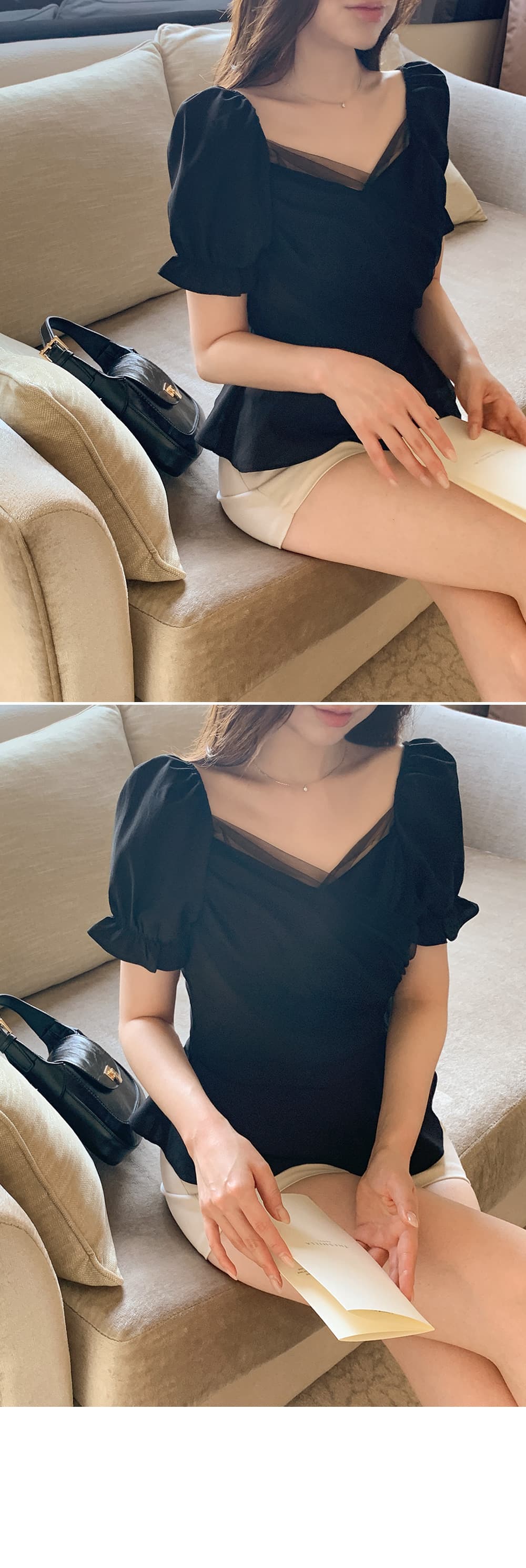 크기 있음 업데이트 한국 chic 프랑스식 망사 패치워크 오프숄더 십자가 프릴 거품 소매 맨위 상세 이미지 26