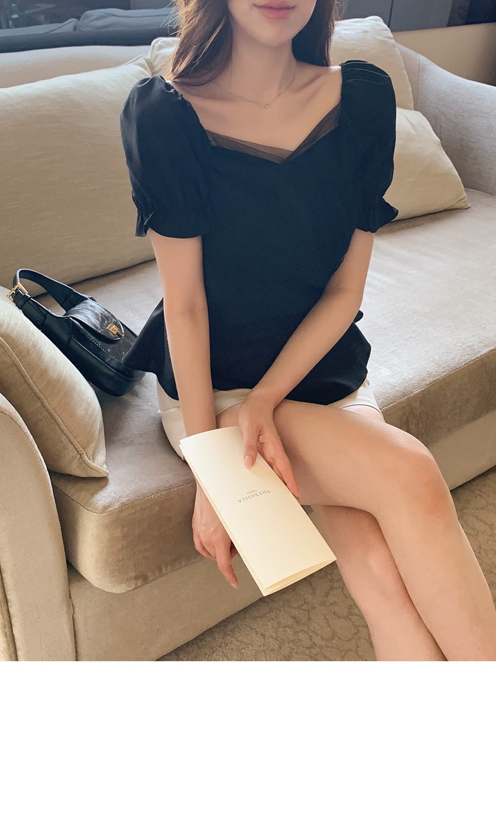 크기 있음 업데이트 한국 chic 프랑스식 망사 패치워크 오프숄더 십자가 프릴 거품 소매 맨위 상세 이미지 27