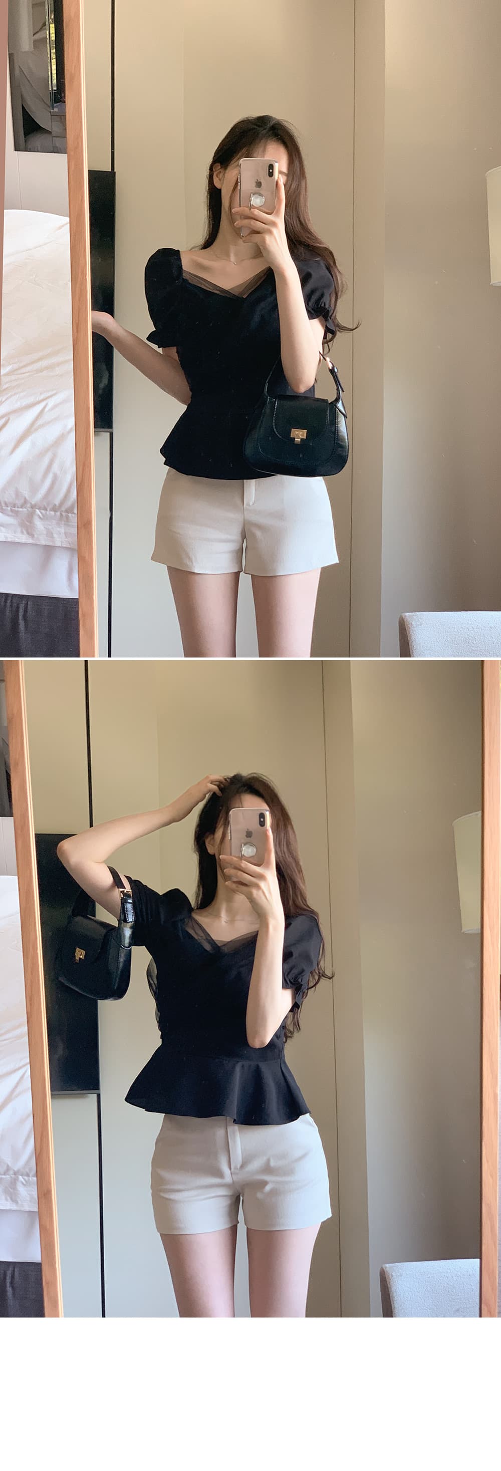 크기 있음 업데이트 한국 chic 프랑스식 망사 패치워크 오프숄더 십자가 프릴 거품 소매 맨위 상세 이미지 28
