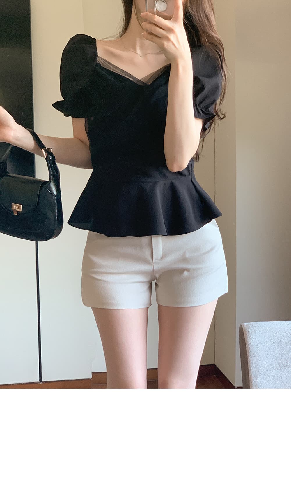 크기 있음 업데이트 한국 chic 프랑스식 망사 패치워크 오프숄더 십자가 프릴 거품 소매 맨위 상세 이미지 29