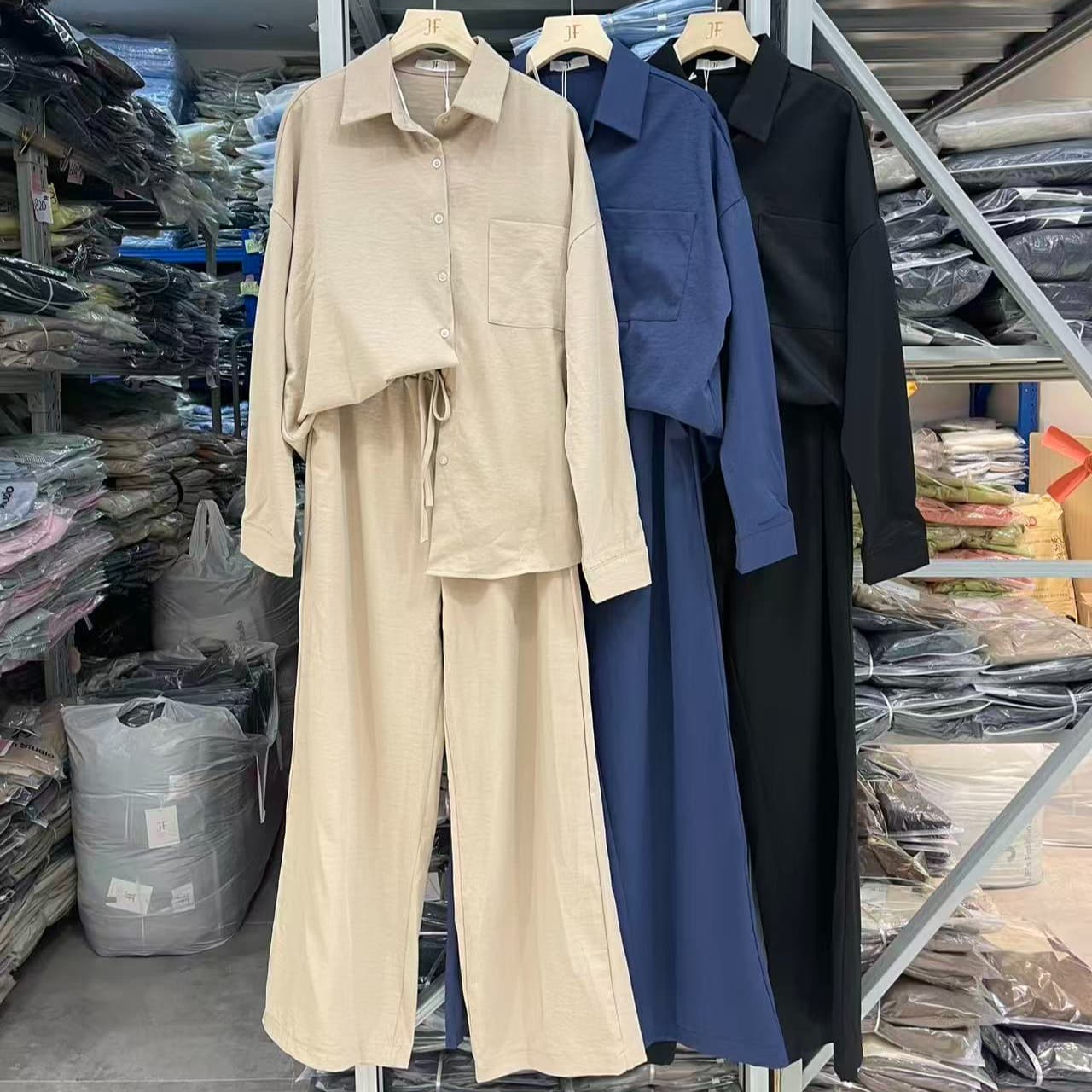 크기 있음 업데이트 한국 chic 프랑스식 느슨함 센스 루즈핏 셔츠 플러스 하이웨이스트 와이드 레그 팬츠 캐주얼 세트 이미지 5
