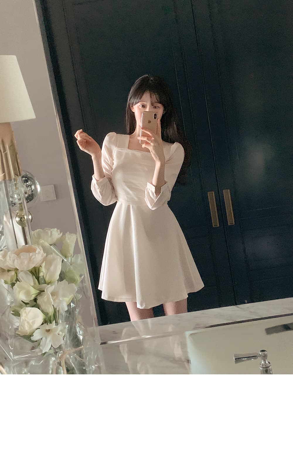 한국 chic 프랑스식 광장 칼라 망사 패치워크 거품 소매 레이스업 허리 수축 슬림해 보이는 드레스 상세 이미지 1
