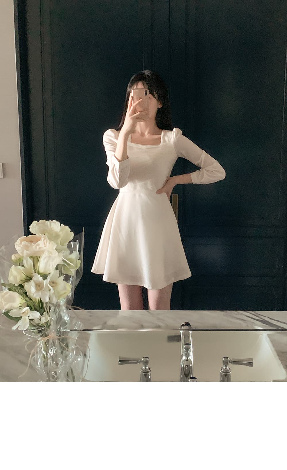 한국 chic 프랑스식 광장 칼라 망사 패치워크 거품 소매 레이스업 허리 수축 슬림해 보이는 드레스 상세 이미지 6