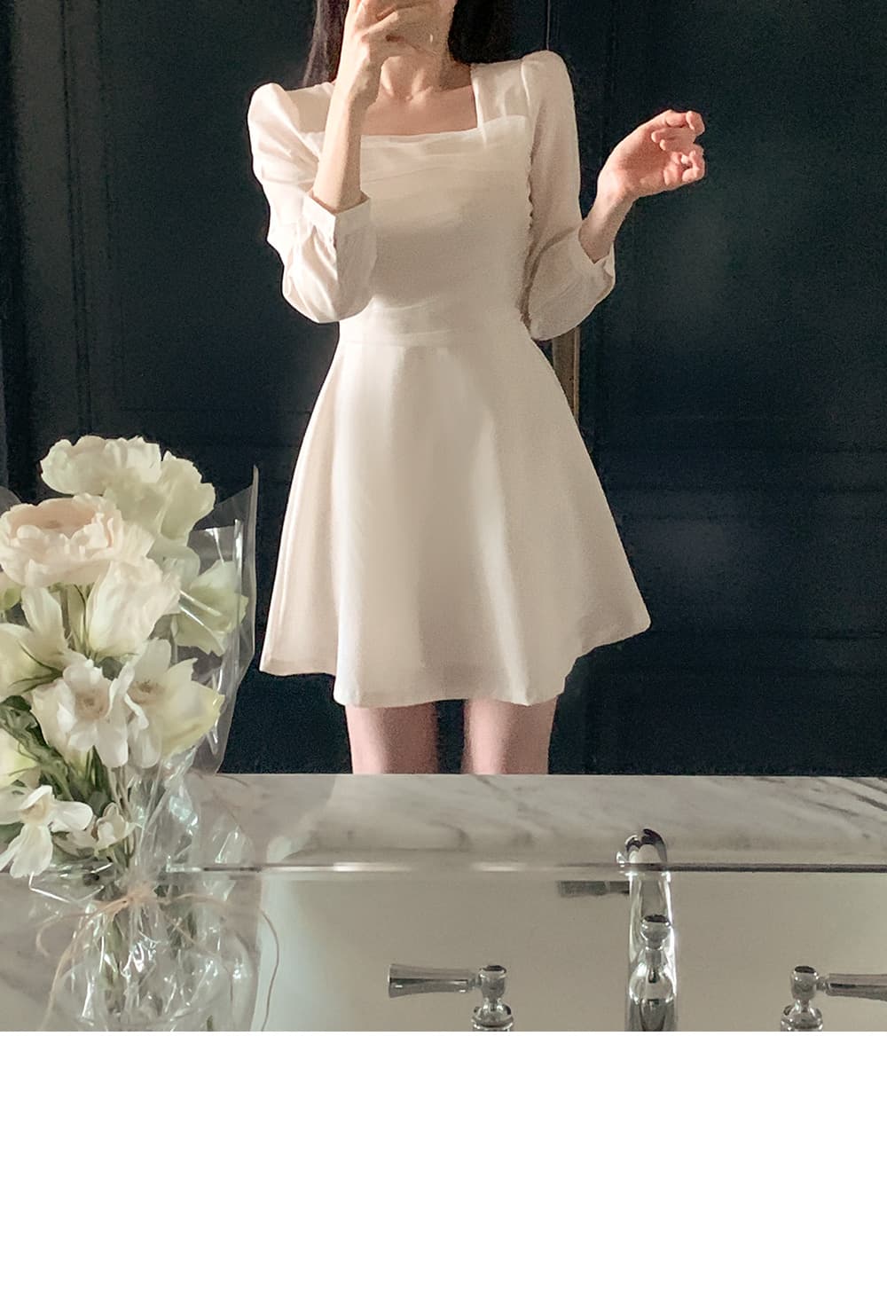 한국 chic 프랑스식 광장 칼라 망사 패치워크 거품 소매 레이스업 허리 수축 슬림해 보이는 드레스 상세 이미지 9
