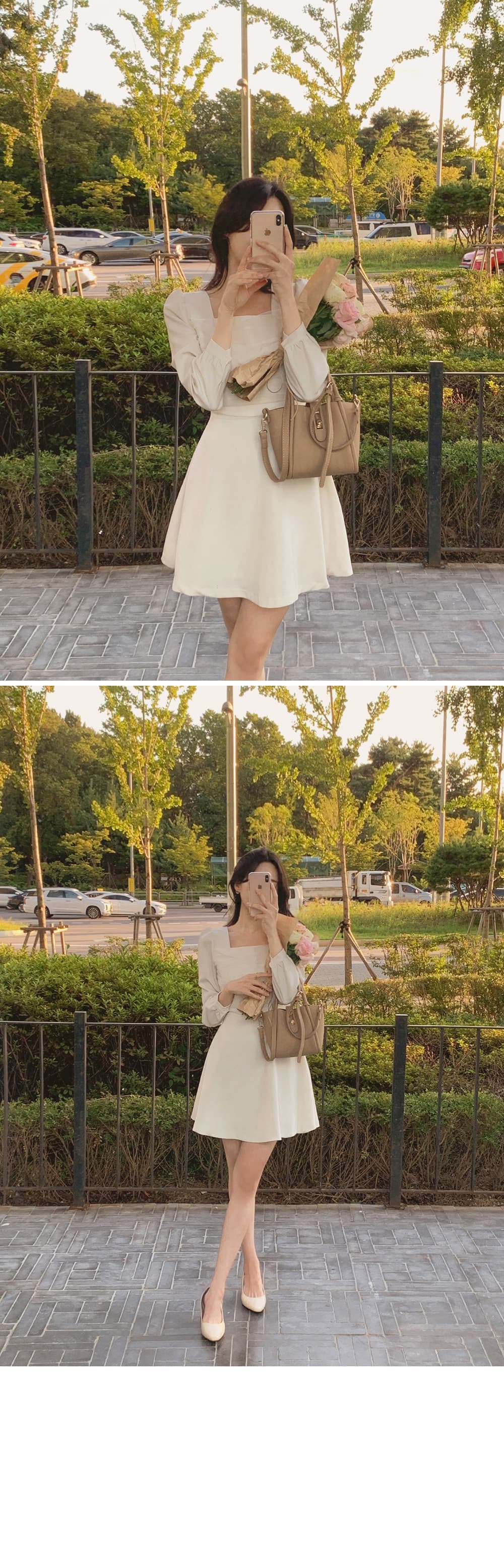 한국 chic 프랑스식 광장 칼라 망사 패치워크 거품 소매 레이스업 허리 수축 슬림해 보이는 드레스 상세 이미지 10