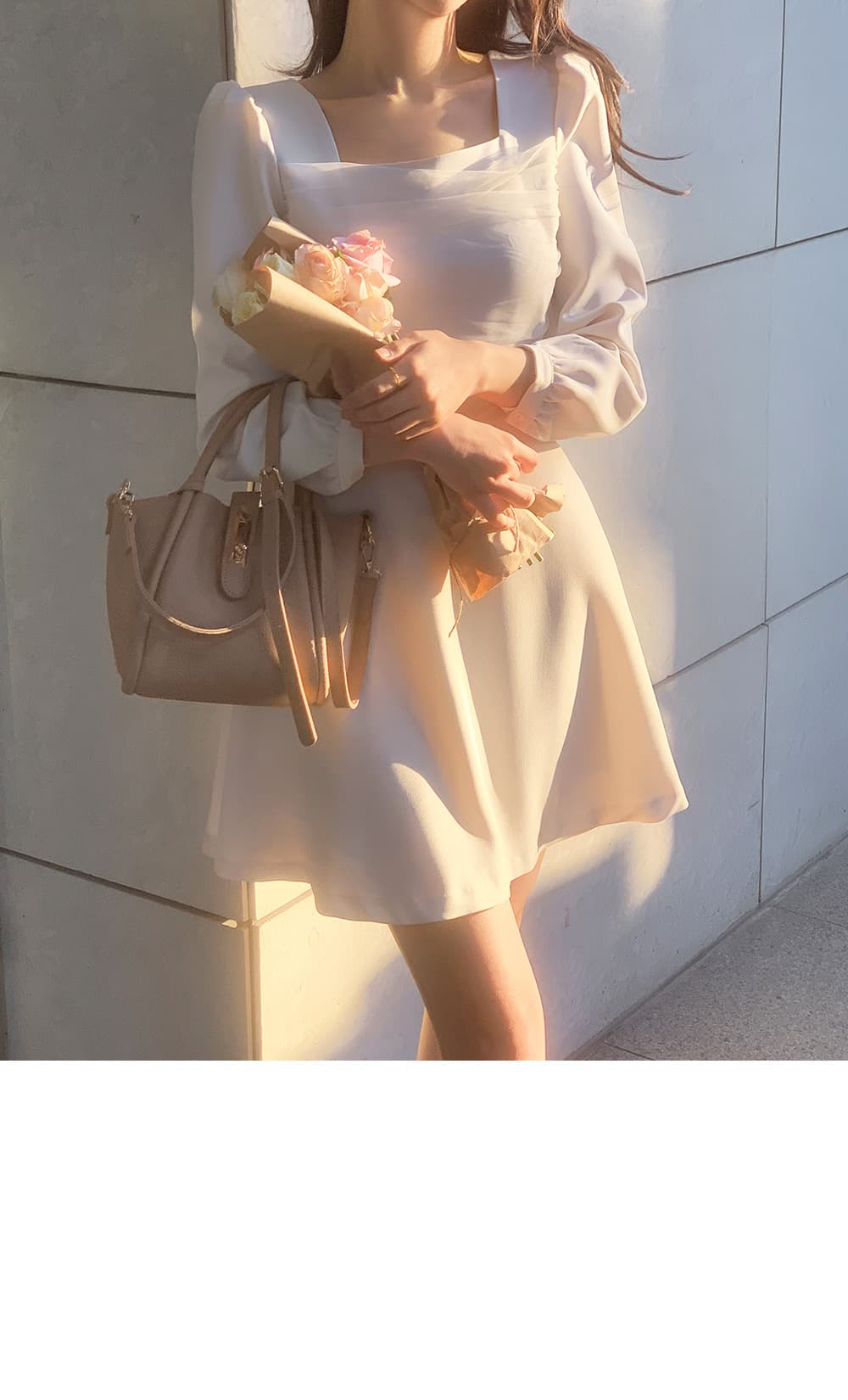 한국 chic 프랑스식 광장 칼라 망사 패치워크 거품 소매 레이스업 허리 수축 슬림해 보이는 드레스 상세 이미지 11