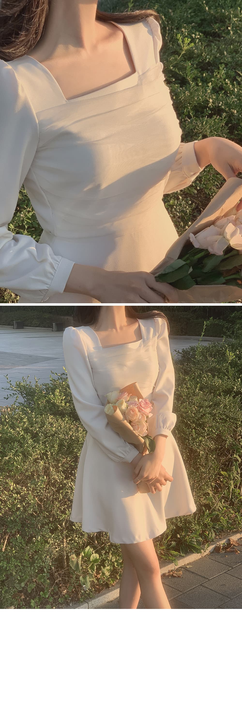 한국 chic 프랑스식 광장 칼라 망사 패치워크 거품 소매 레이스업 허리 수축 슬림해 보이는 드레스 상세 이미지 12
