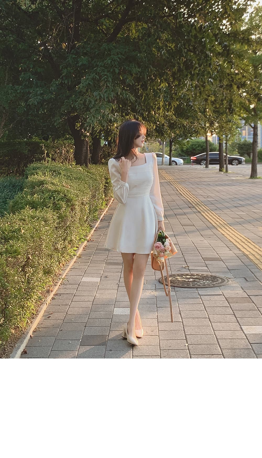 한국 chic 프랑스식 광장 칼라 망사 패치워크 거품 소매 레이스업 허리 수축 슬림해 보이는 드레스 상세 이미지 13
