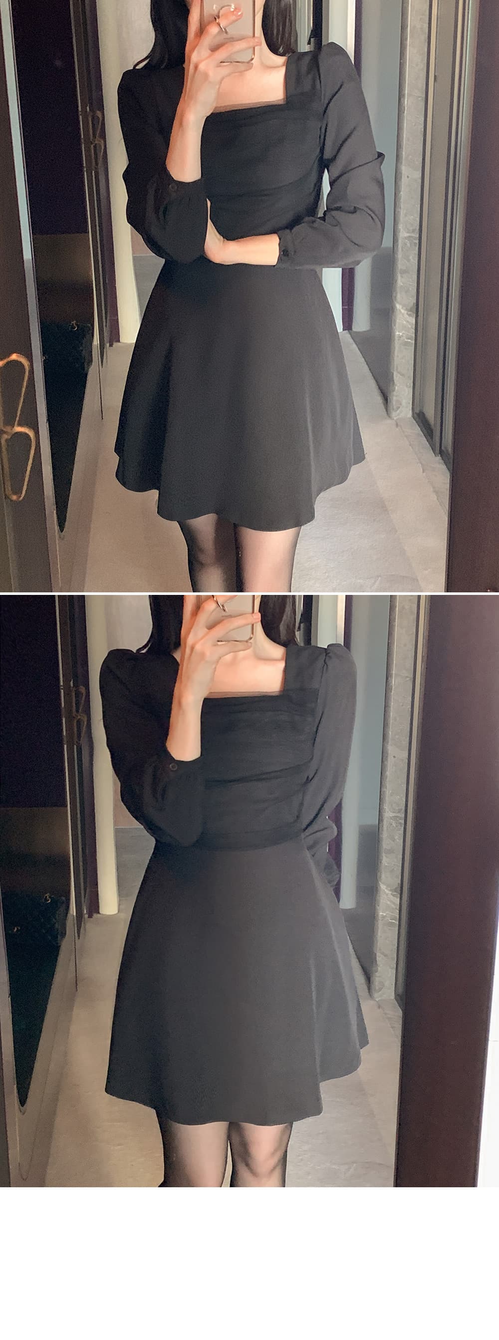 한국 chic 프랑스식 광장 칼라 망사 패치워크 거품 소매 레이스업 허리 수축 슬림해 보이는 드레스 상세 이미지 16