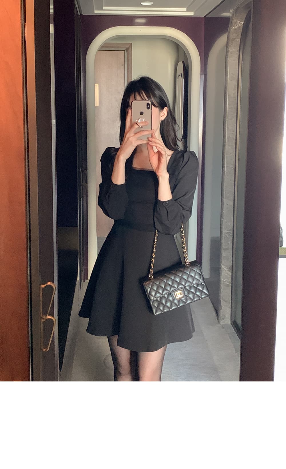 한국 chic 프랑스식 광장 칼라 망사 패치워크 거품 소매 레이스업 허리 수축 슬림해 보이는 드레스 상세 이미지 17
