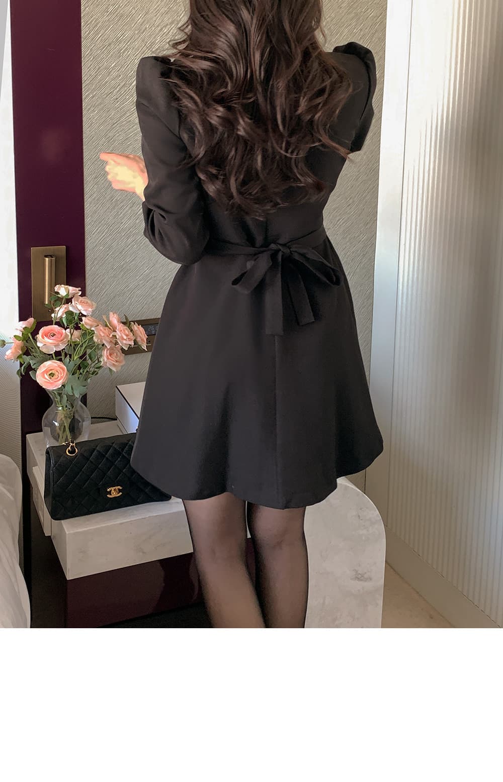 한국 chic 프랑스식 광장 칼라 망사 패치워크 거품 소매 레이스업 허리 수축 슬림해 보이는 드레스 상세 이미지 22