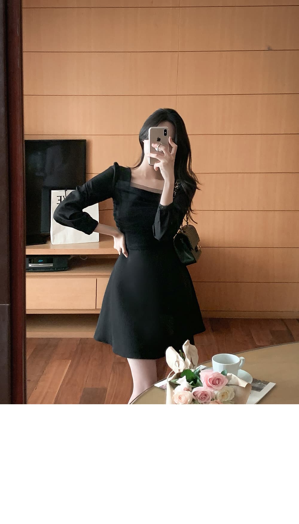 한국 chic 프랑스식 광장 칼라 망사 패치워크 거품 소매 레이스업 허리 수축 슬림해 보이는 드레스 상세 이미지 24