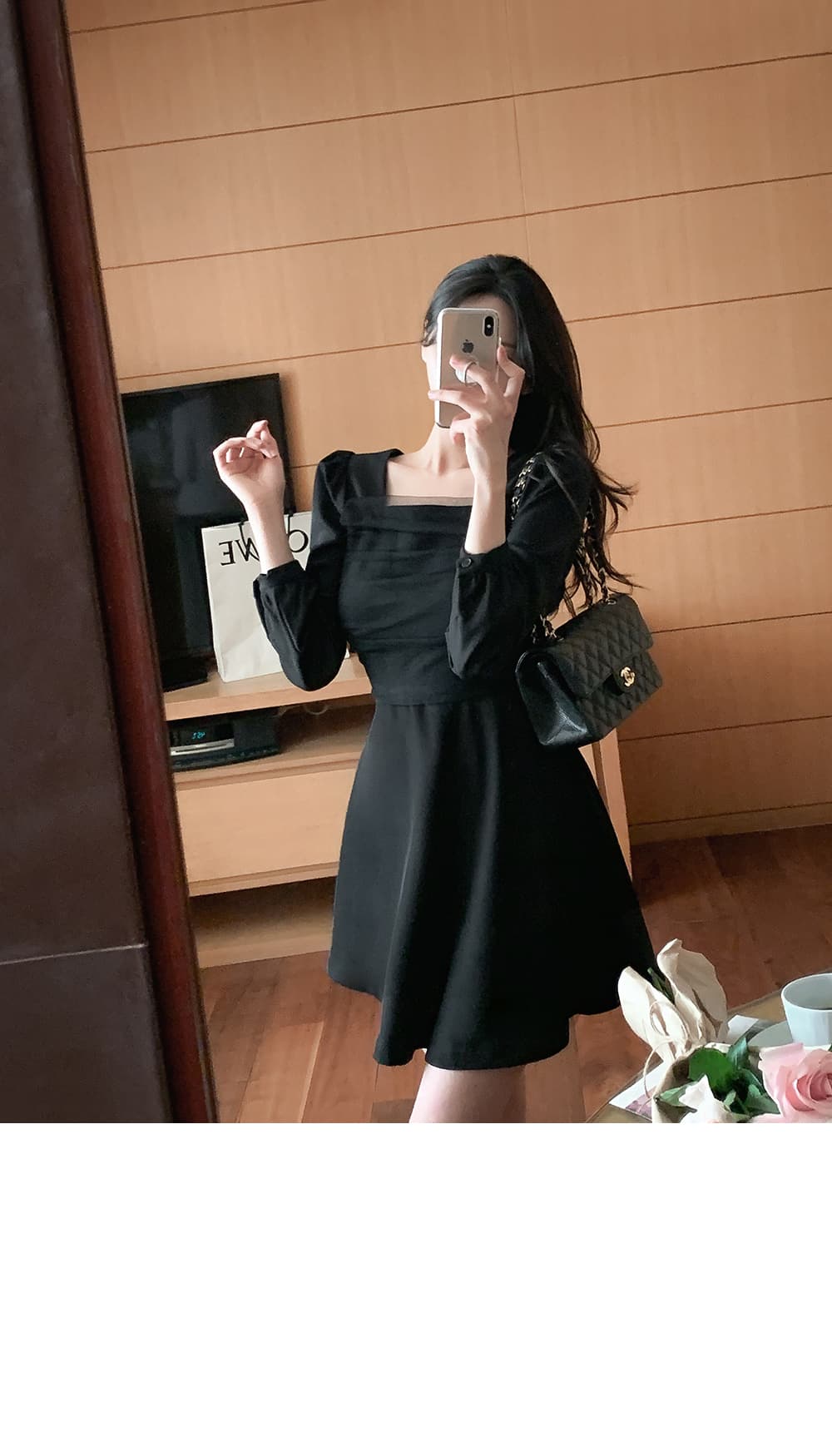 한국 chic 프랑스식 광장 칼라 망사 패치워크 거품 소매 레이스업 허리 수축 슬림해 보이는 드레스 상세 이미지 25