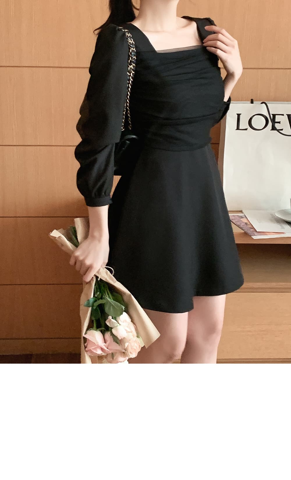 한국 chic 프랑스식 광장 칼라 망사 패치워크 거품 소매 레이스업 허리 수축 슬림해 보이는 드레스 상세 이미지 26
