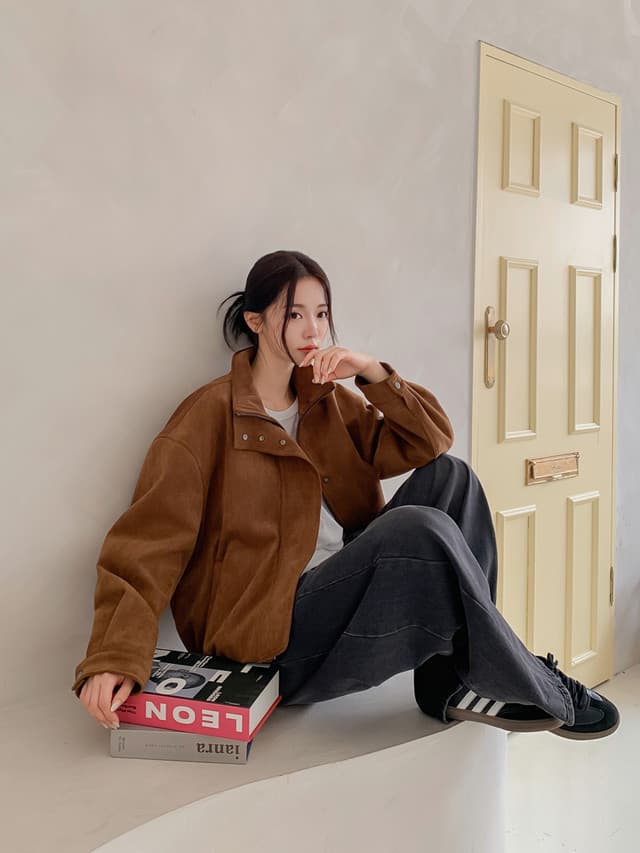 한국 chic 스웨이드 원단 스탠드 칼라 가을 어깨 배트윙 소매 루즈핏 작은 키 레트로 분위기 센스 재킷 재킷 상세 이미지 6