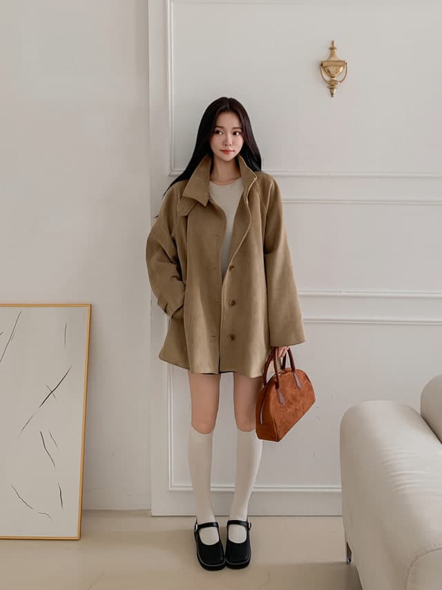 한국 chic 레트로 스탠드 칼라 스웨이드 원단 루즈핏 한 마디 망토 재킷 중간 길이 코트 재킷 이미지 4