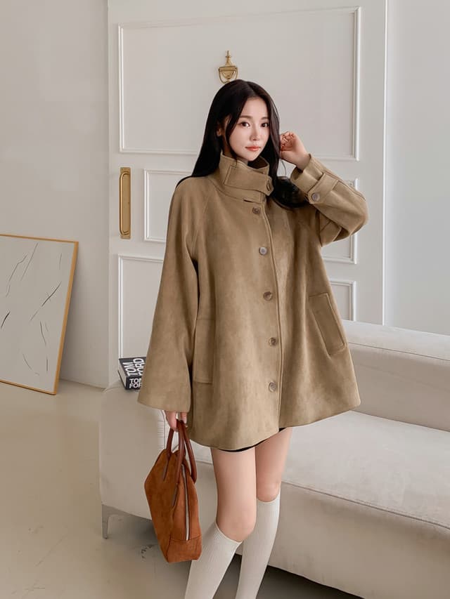 한국 chic 레트로 스탠드 칼라 스웨이드 원단 루즈핏 한 마디 망토 재킷 중간 길이 코트 재킷 상세 이미지 18