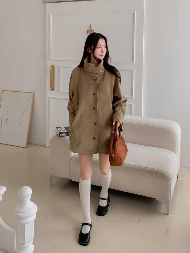 한국 chic 레트로 스탠드 칼라 스웨이드 원단 루즈핏 한 마디 망토 재킷 중간 길이 코트 재킷 상세 이미지 19