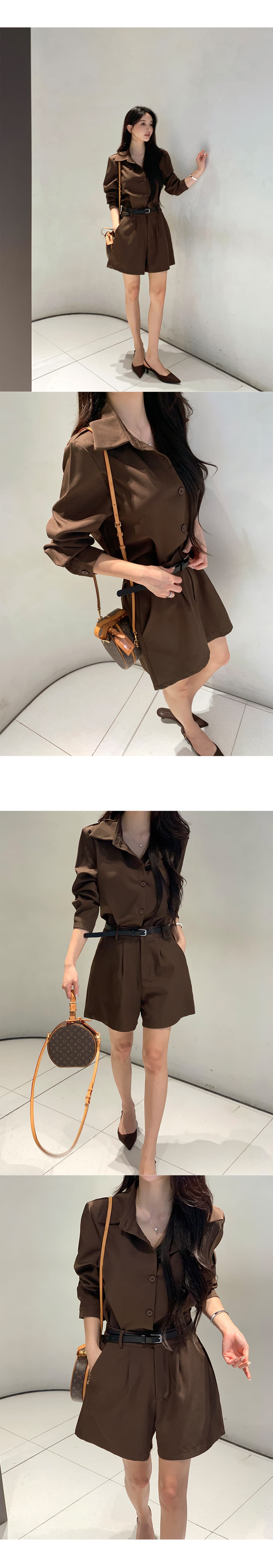 한국 chic 레트로 출퇴근 루즈핏 폴로 칼라 셔츠 플리츠 정장 반바지 투피스 세트 벨트 포함 상세 이미지 1
