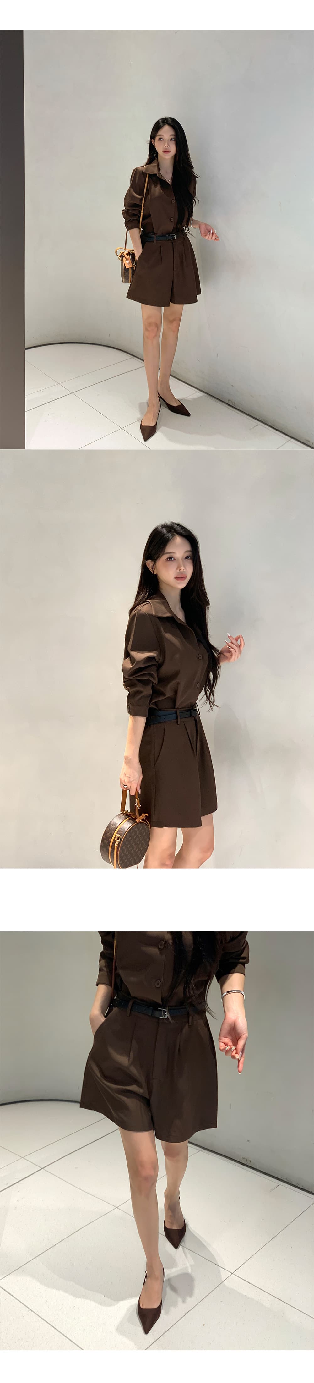 한국 chic 레트로 출퇴근 루즈핏 폴로 칼라 셔츠 플리츠 정장 반바지 투피스 세트 벨트 포함 상세 이미지 2