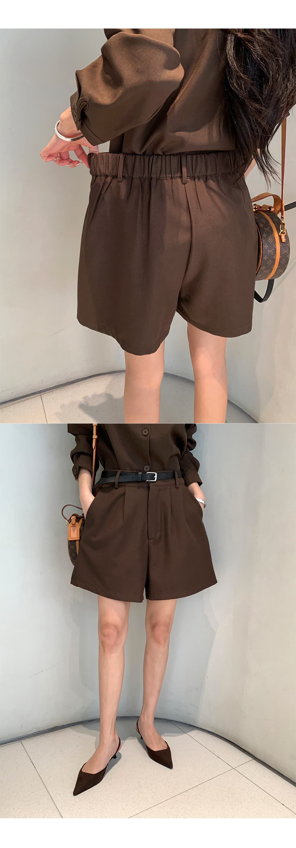 한국 chic 레트로 출퇴근 루즈핏 폴로 칼라 셔츠 플리츠 정장 반바지 투피스 세트 벨트 포함 상세 이미지 6