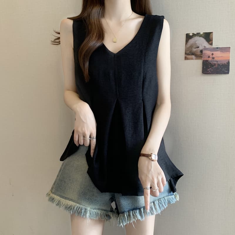 실사 빅 사이즈 여성 의류 지방 mm 여름 새로운 얇고 가벼운 V넥 루즈핏 슬림해 보이는 단어 버전 조끼 맨위 상세 이미지 2