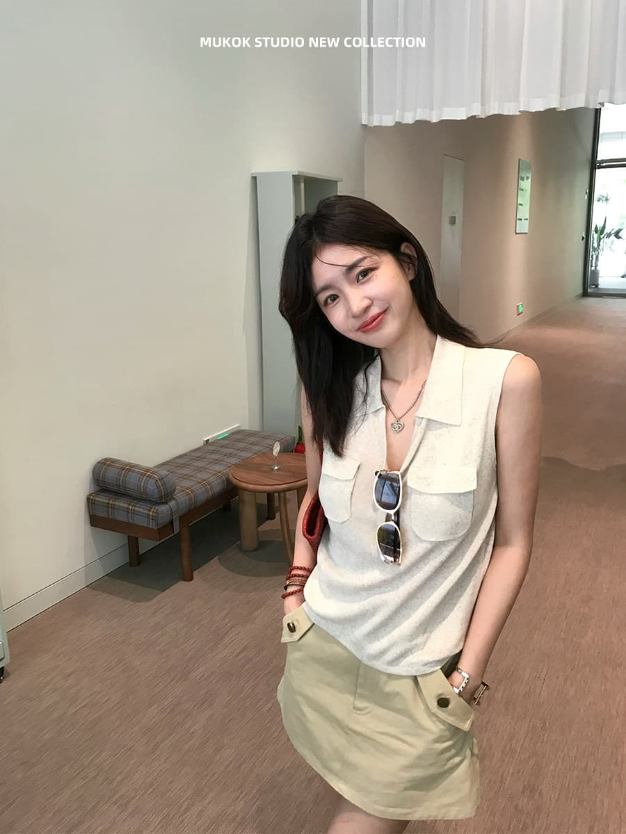 지방 mm 빅 사이즈 아마 차가운 센스 V넥 민소매 니트 스웨터 여성 얇은 스타일 폴로 칼라 출퇴근 품격 조끼 맨위 이미지 3