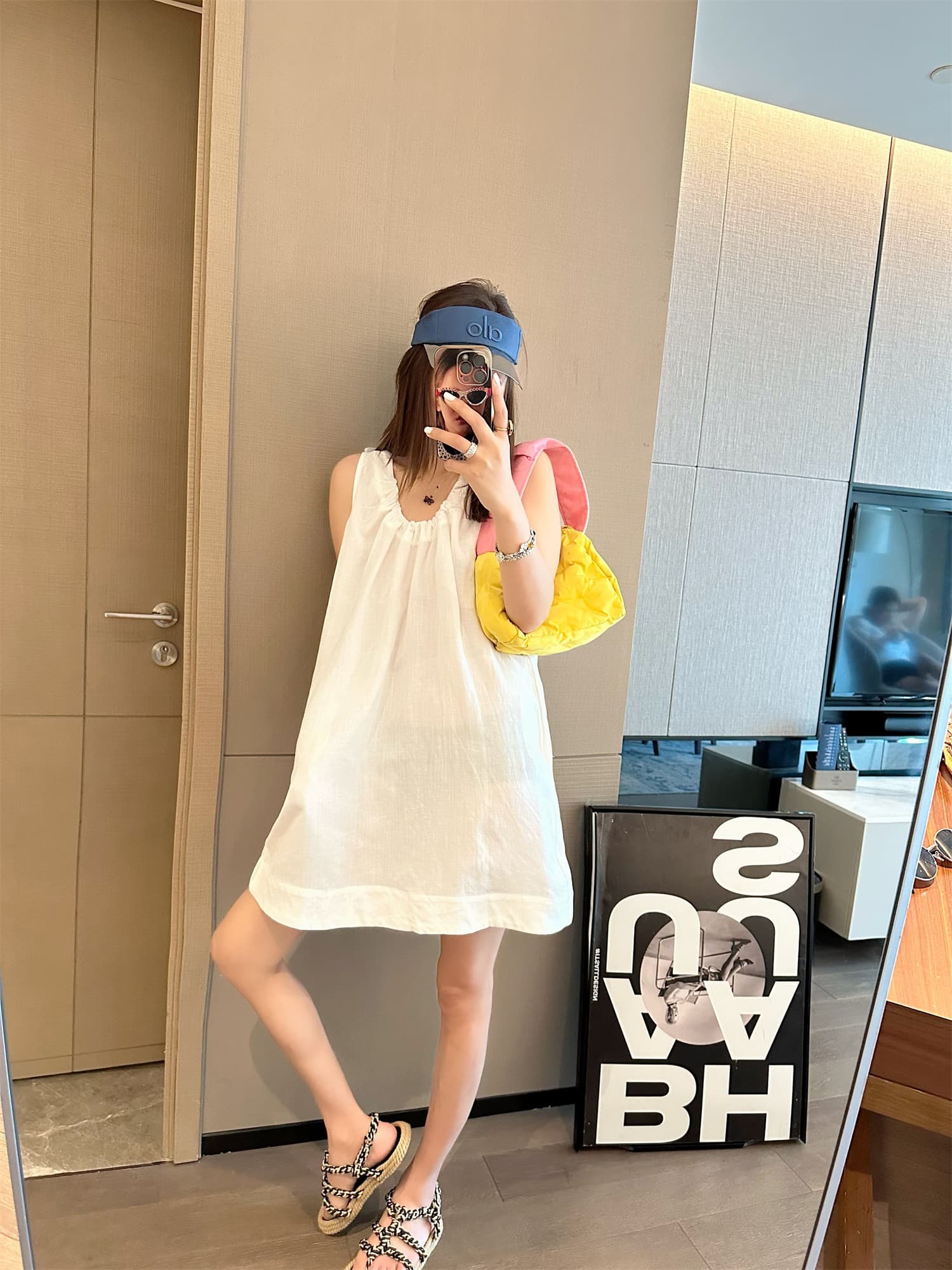 지방 mm 빅 사이즈 프랑스식 빛 달콤한 u 칼라 아마 민소매 조끼 스커트 여성 작은 대중 품격 미니멀리즘 한 마디 드레스 상세 이미지 7
