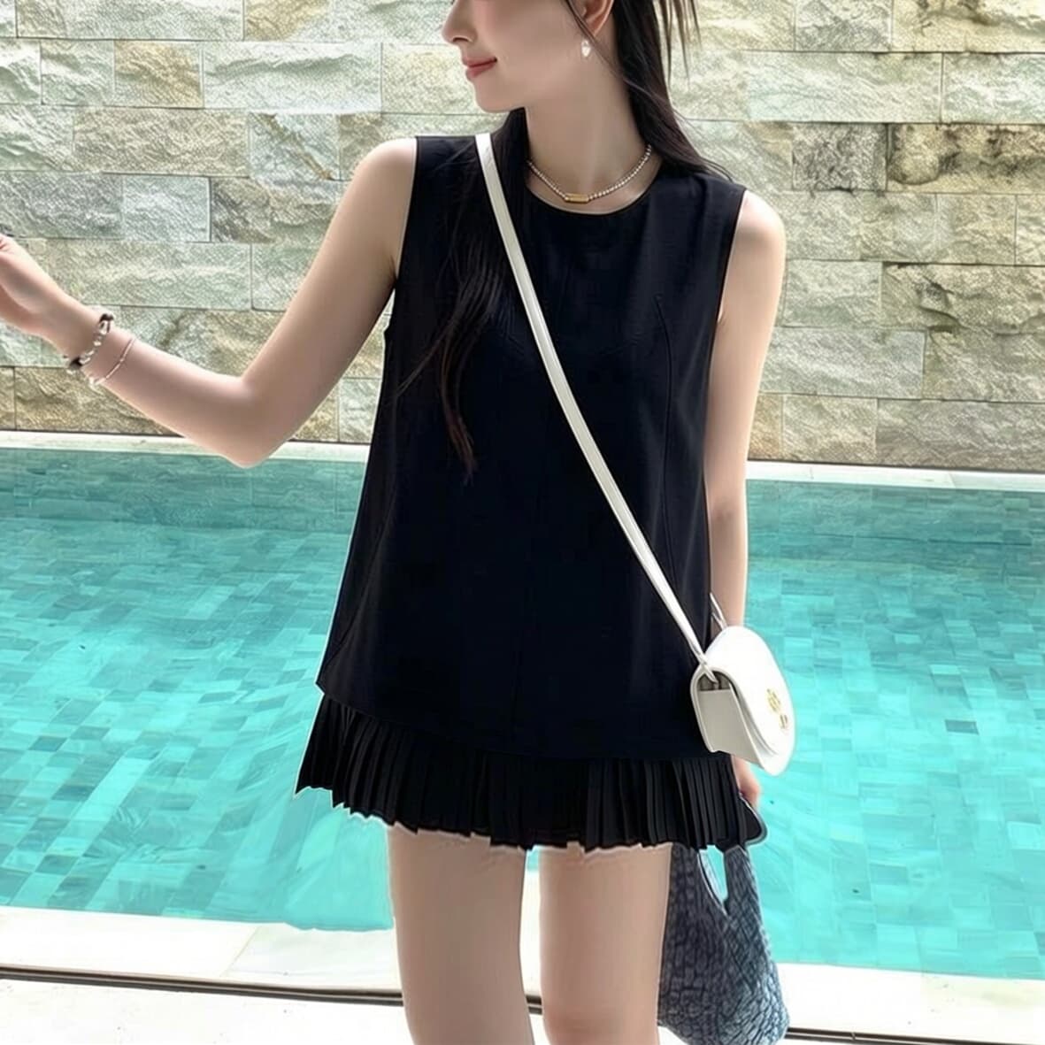 실사 빅 사이즈 지방 mm 프랑스식 품격 라운드 넥 민소매 맨위 여성 여름 페이크 레이어드 조끼 쉬폰 블라우스 상세 이미지 5