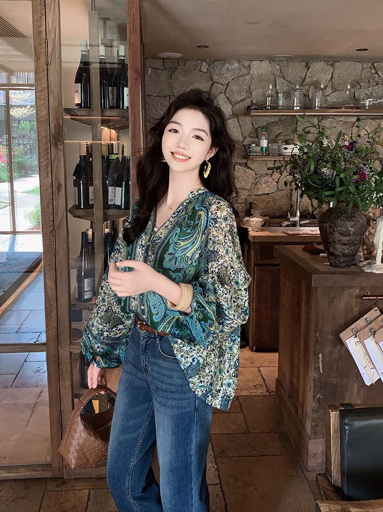 아름다움 대양 meiyang 페이 S 이익 쉬폰 블라우스 고대 복장 스타일 라미 프린트 벌룬 소매 금요일 상세 이미지 5