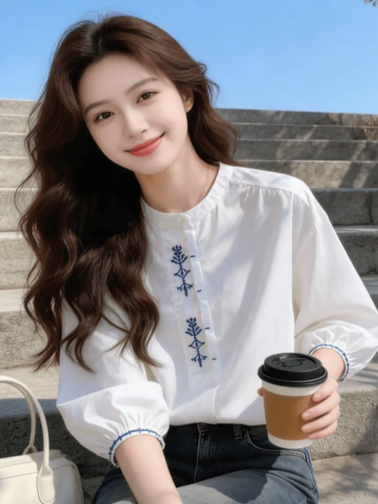프랑스식 레트로 자수 화이트 거품 소매 여성 셔츠 여름 루즈핏 5 점 소매 외국 가스 작은 셔츠 벌룬 소매 맨위 상세 이미지 5