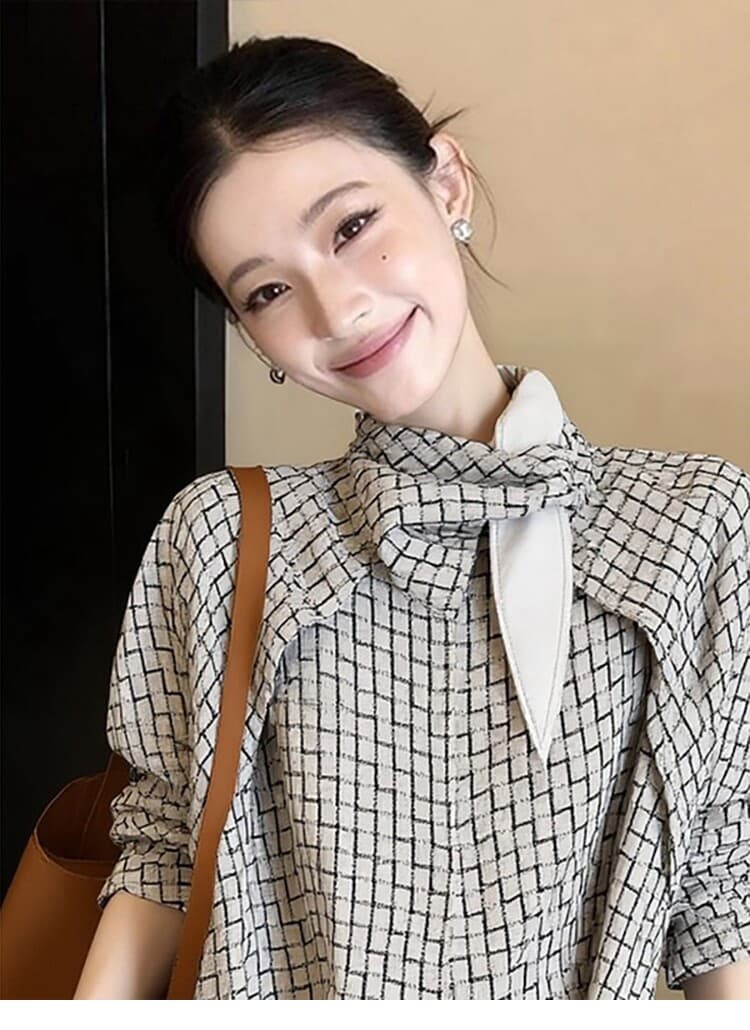 레트로 체크무늬 스탠드 칼라 긴팔 셔츠 여성 의류 이른 가을 2026 새로운 디자인 센스 작은 대중 나비 매듭 맨위 셔츠 상세 이미지 6
