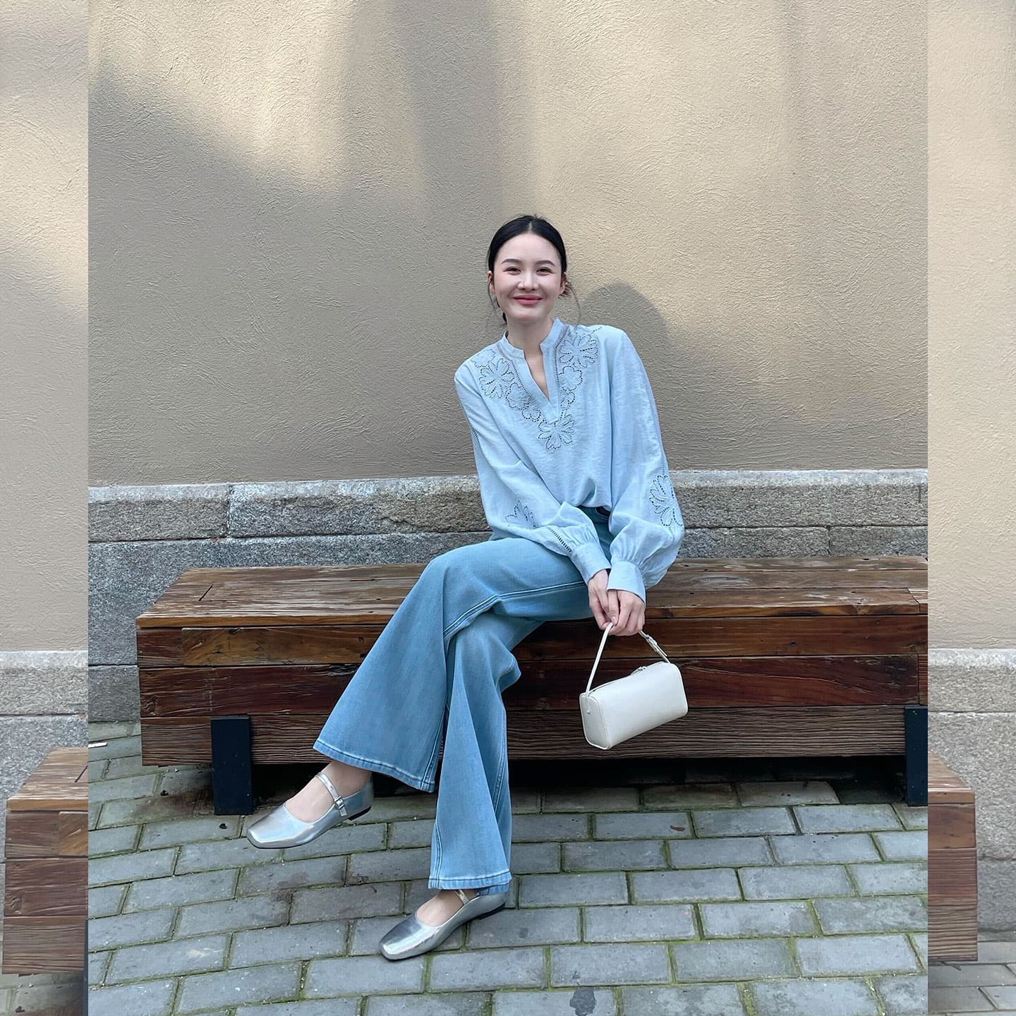 한 부서 레트로 느긋한 바람 파란색 자수 여성 셔츠 여름 새로운 작은 대중 긴팔 루즈핏 슬림해 보이는 품격 맨위 이미지 3