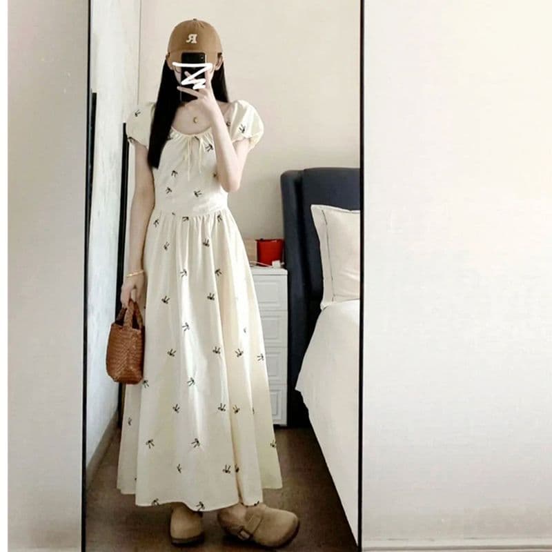 새로운 부드러운 프랑스식 레이스업 버블 드레스 여름 허리 수축 품격 며칠 안에 슬림해 보이는 선적 프린트 롱 스커트 상세 이미지 3