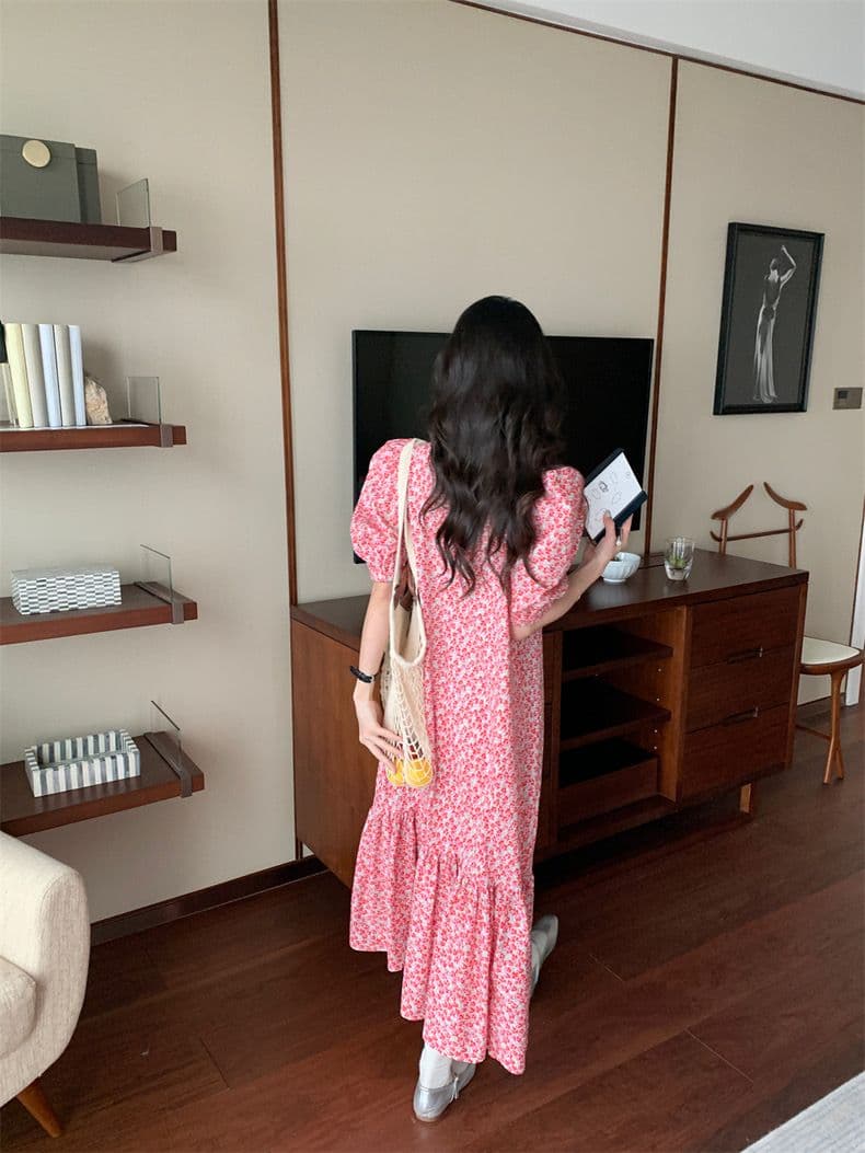 한국 chic 여름 프랑스식 달콤함 V넥 전체 화면 꽃무늬 루즈핏 패치워크 프릴 거품 소매 여성 드레스 상세 이미지 3