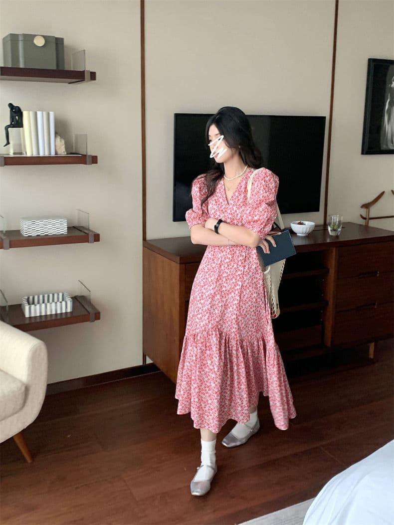 한국 chic 여름 프랑스식 달콤함 V넥 전체 화면 꽃무늬 루즈핏 패치워크 프릴 거품 소매 여성 드레스 상세 이미지 4