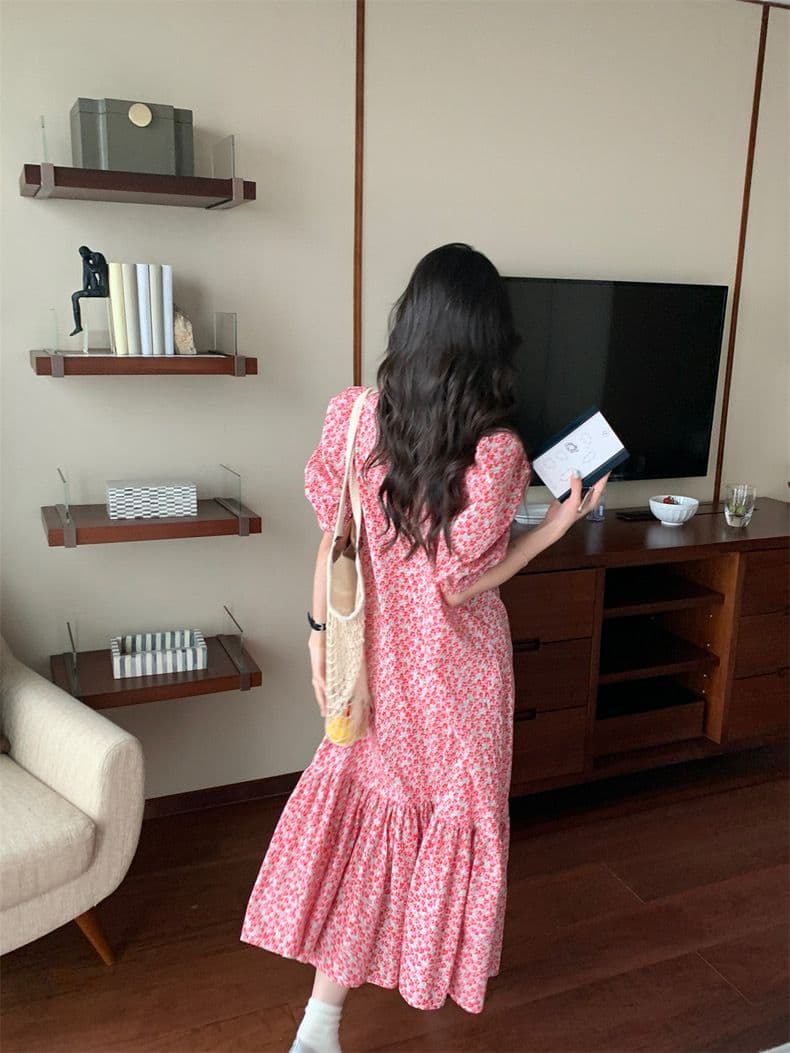 한국 chic 여름 프랑스식 달콤함 V넥 전체 화면 꽃무늬 루즈핏 패치워크 프릴 거품 소매 여성 드레스 상세 이미지 5