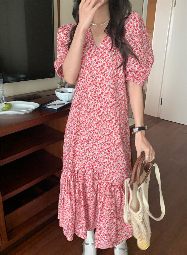 한국 chic 여름 프랑스식 달콤함 V넥 전체 화면 꽃무늬 루즈핏 패치워크 프릴 거품 소매 여성 드레스 상세 이미지 7