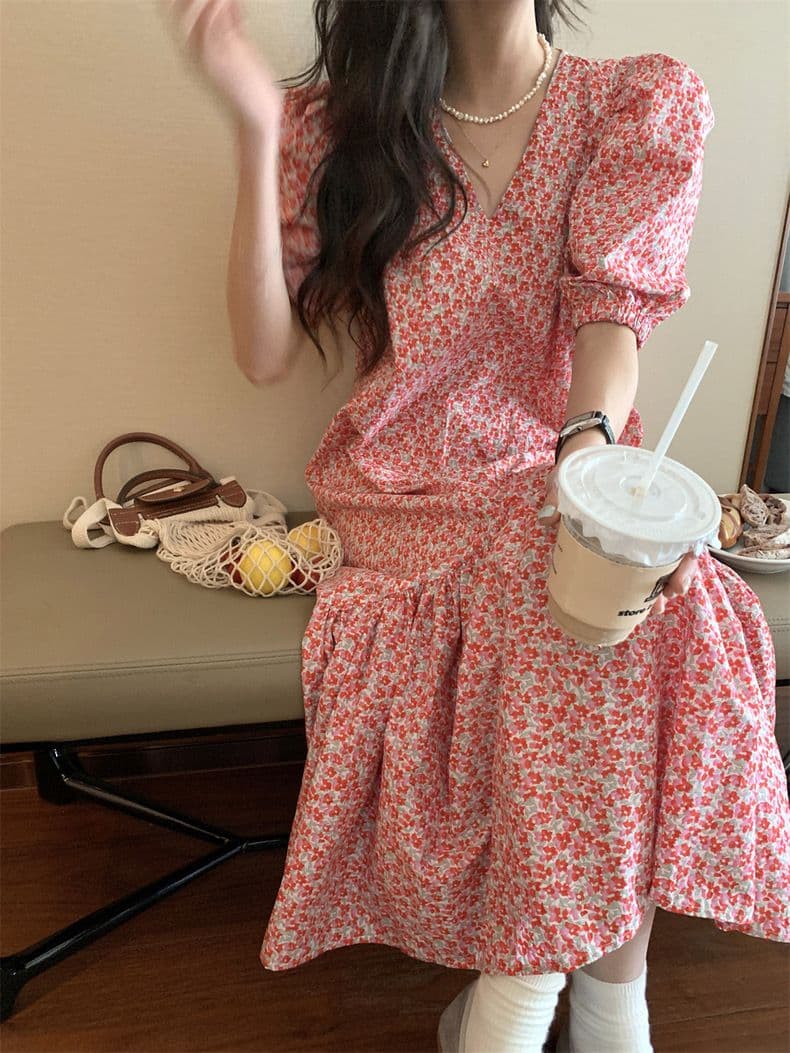 한국 chic 여름 프랑스식 달콤함 V넥 전체 화면 꽃무늬 루즈핏 패치워크 프릴 거품 소매 여성 드레스 상세 이미지 8