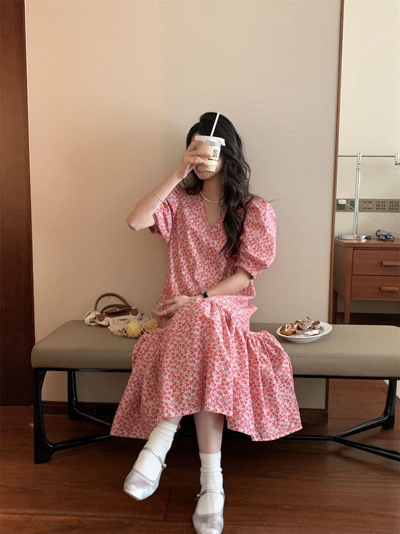 한국 chic 여름 프랑스식 달콤함 V넥 전체 화면 꽃무늬 루즈핏 패치워크 프릴 거품 소매 여성 드레스 상세 이미지 9