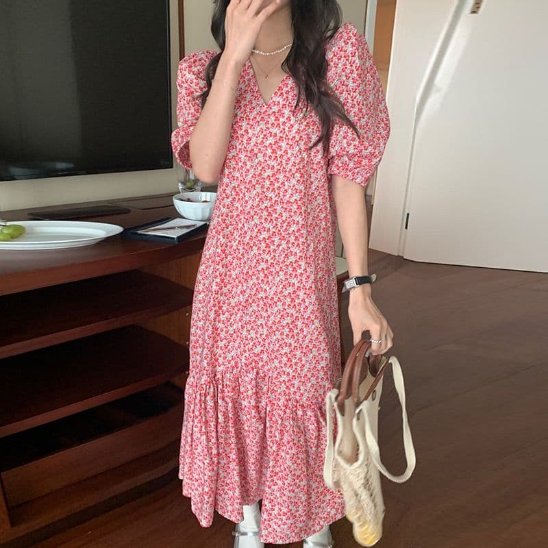 한국 chic 여름 프랑스식 달콤함 V넥 전체 화면 꽃무늬 루즈핏 패치워크 프릴 거품 소매 여성 드레스 상세 이미지 13