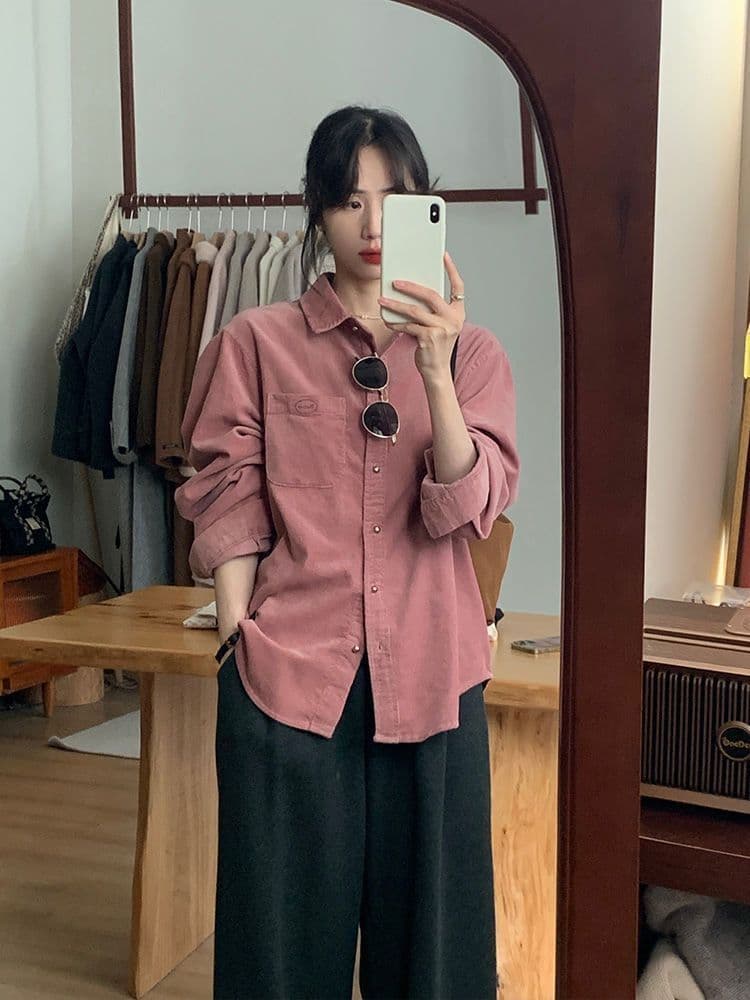 핑크색 코듀로이 긴팔 셔츠 여성 코트 가을 겨울 겨울 작은 키 고급 센스 유럽 상품 레트로 셔츠 맨위 상세 이미지 2