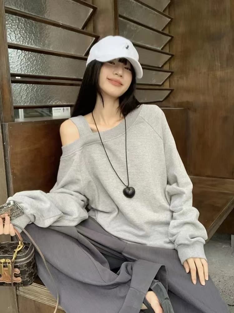 모방 후아 면 복합 루즈핏 비스듬한 어깨 의류 여성 봄 가을 새로운 디자인 센스 작은 대중 oversize 오프숄더 후드티