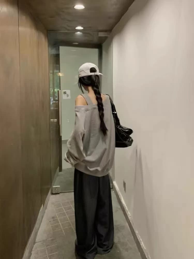 모방 후아 면 복합 루즈핏 비스듬한 어깨 의류 여성 봄 가을 새로운 디자인 센스 작은 대중 oversize 오프숄더 후드티 상세 이미지 2