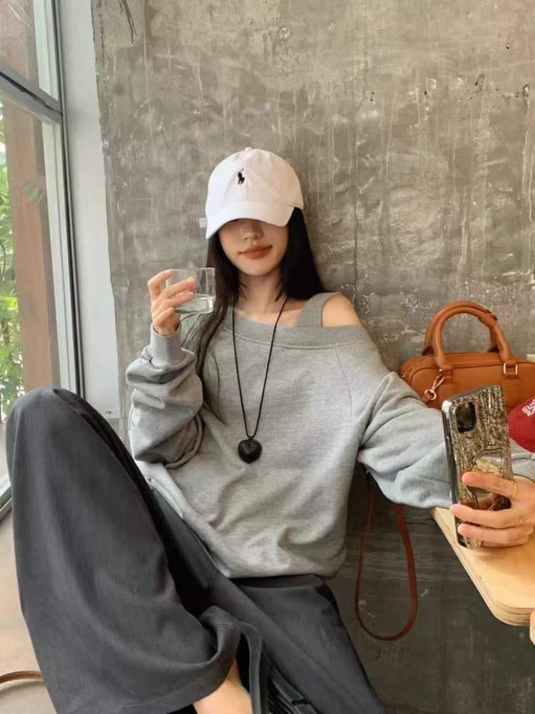 모방 후아 면 복합 루즈핏 비스듬한 어깨 의류 여성 봄 가을 새로운 디자인 센스 작은 대중 oversize 오프숄더 후드티 상세 이미지 3