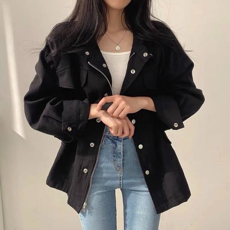 한국 chic 봄 가을 레트로 품격 가짜 주머니 디자인 펌프 로프 허리 수축 슬림해 보이는 워크웨어 재킷 바람막이 여성 코트 이미지 5