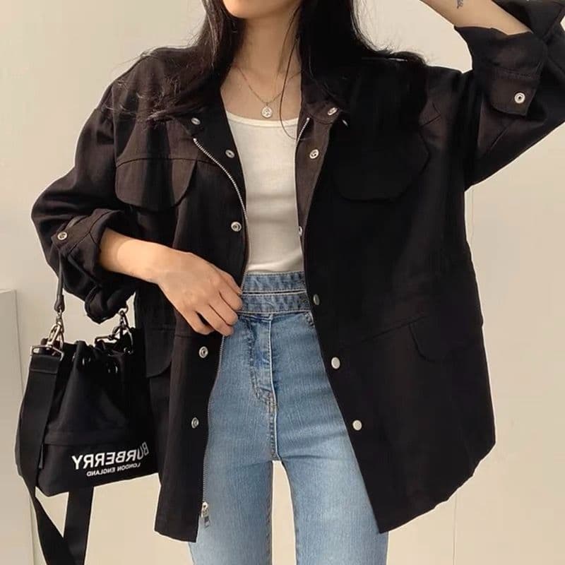 한국 chic 봄 가을 레트로 품격 가짜 주머니 디자인 펌프 로프 허리 수축 슬림해 보이는 워크웨어 재킷 바람막이 여성 코트 상세 이미지 3