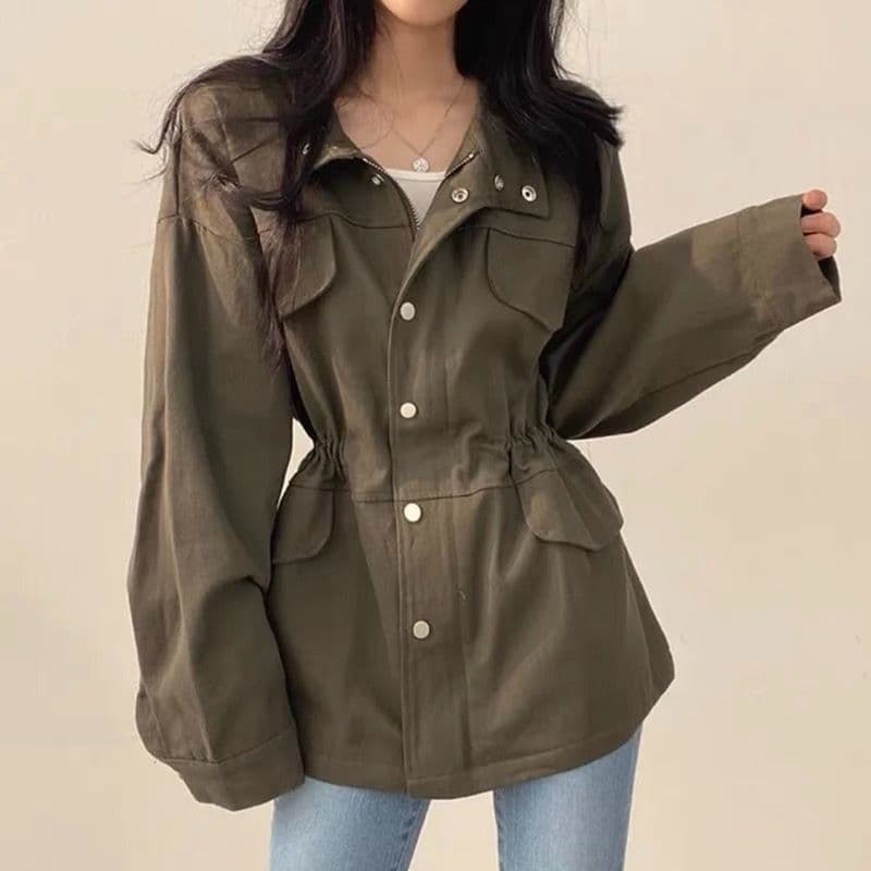 한국 chic 봄 가을 레트로 품격 가짜 주머니 디자인 펌프 로프 허리 수축 슬림해 보이는 워크웨어 재킷 바람막이 여성 코트 상세 이미지 4