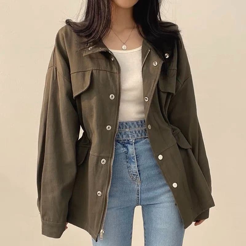 한국 chic 봄 가을 레트로 품격 가짜 주머니 디자인 펌프 로프 허리 수축 슬림해 보이는 워크웨어 재킷 바람막이 여성 코트 상세 이미지 7